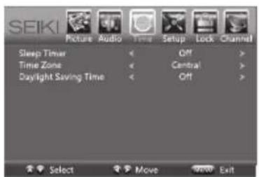 SEIKI Picture Audio Tools Setup Lock Channel Sleep Timer Off > Time Zone Off Central > Daylight Saving Time Off >