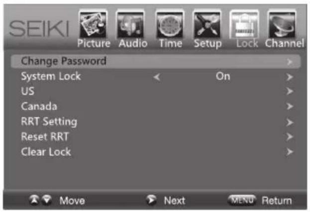 SEIKI Picture Audio Time Setup Lock Channel Change Password System Lock On US Canada RRT Setting Reset RRT Clear Lock Move Next MENU Return
