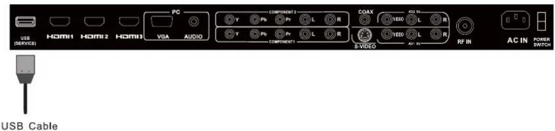 USB (SERVICE) HDMI1 HDMI2 HDMI3 PC VGA AUDIO COMPONENT 2 Y Pb Pr L R Y Pb Pr L R COMPONENT1 S-VIDEO COAX A02 IN VEBO L R VEBO L R AV IN RF IN AC IN POWER SWITCH USB Cable