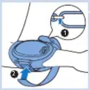 Diagram showing a hand holding a blue car seatbelt with two labeled parts (① and ②) indicating different positions or states.