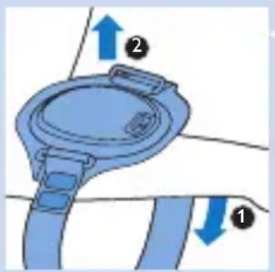 Diagram showing a blue mechanical component with labeled parts and directional arrows indicating motion or force directions.