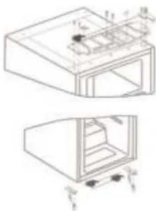 Technical line drawing of a microwave oven with internal compartments and mounting holes (no text or symbols)