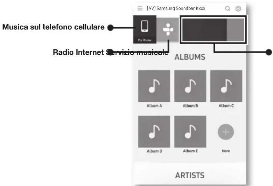 [AV] Samsung Soundbar Kxxx Musica sul telefono cellulare My Phone Radio Internet Servizio musicale ALBUMS Album A Album B Album C Album D Album E More ARTISTS