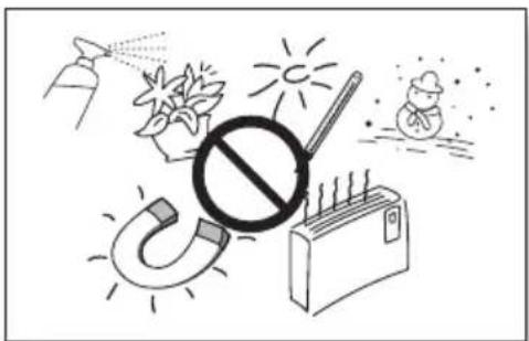 Illustration of a prohibition sign over a globe, sun, and household items.