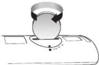 Diagram of a mechanical device with a rotating knob and curved arrows indicating rotation (no text or symbols)