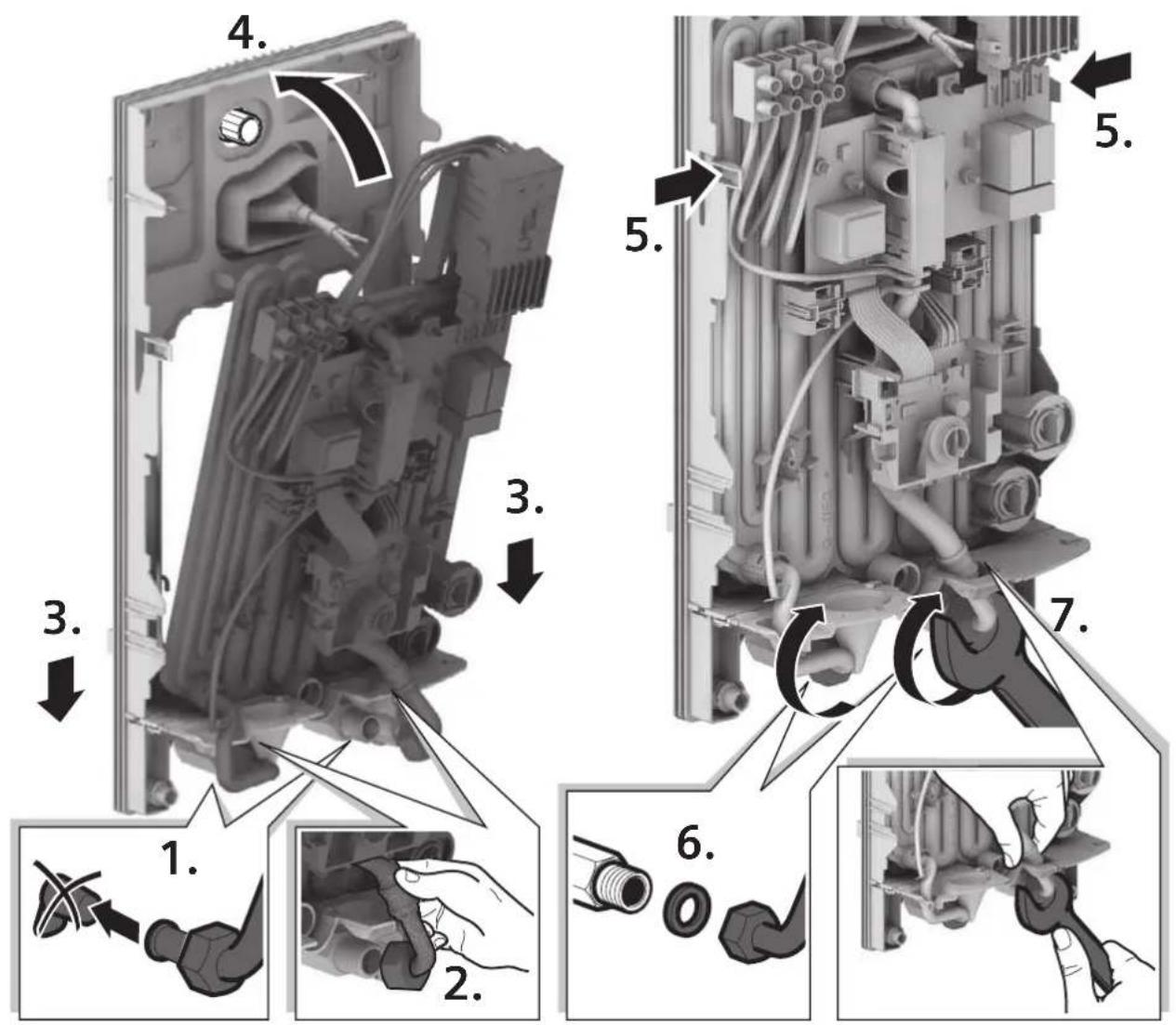Technical diagram showing exploded view of a mechanical assembly with numbered parts and labeled steps for tool manipulation.