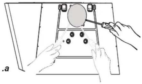 Line drawing of hands assembling a device with a magnified circular component (no text or symbols)