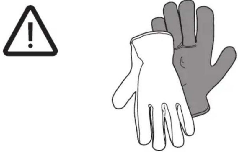 Warning symbol and illustration showing a hand holding a glove with an exclamation mark