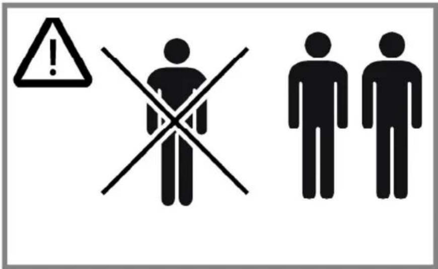 Warning sign with exclamation mark, crossed cross symbol, and two human figures