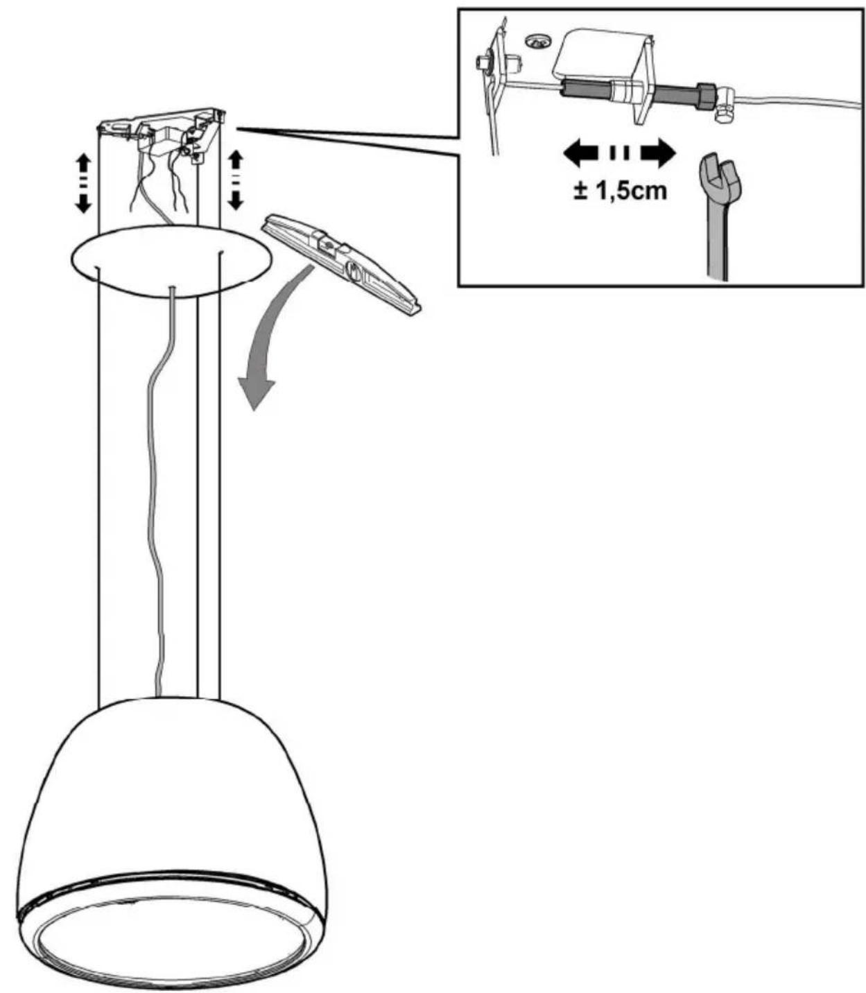 Technical diagram showing a device with labeled components and dimensional annotation of ±1.5cm measurement.