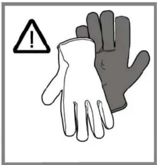Warning symbol image showing a hand holding a white glove and a gray glove, with an exclamation mark in the warning triangle.