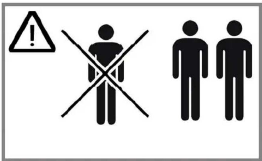 Warning sign with exclamation mark, crossed cross symbol, and two human figures