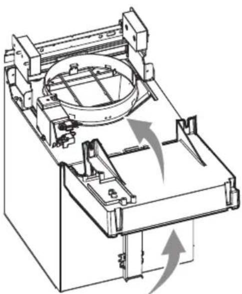 Technical line drawing of a mechanical device with internal components and directional arrows indicating motion (no text or symbols)