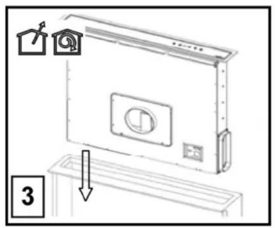 Diagram showing a device with labeled components and a downward arrow, likely illustrating a process or installation step.