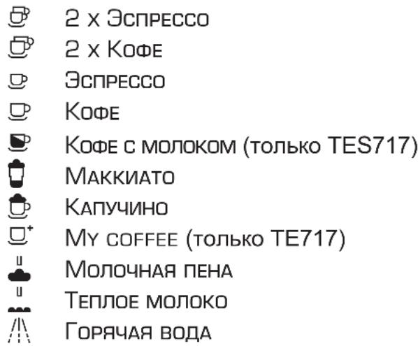 2 x ЭСПРЕССО 2 x КОФЕ ЭСПРЕССО КОФЕ КОФЕ с молоком (только TES717) МАККИАТО КАПУЧИНО МУ СОФЕЕ (только TE717) МОЛОЧНАЯ ПЕНА ТЕПЛОЕ МОЛОКО ГОРЯЧАЯ ВОДА