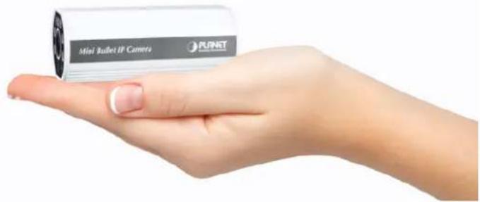 Hand holding a Mini Bullet IP Camera with PLNET logo (no text or symbols on device body)