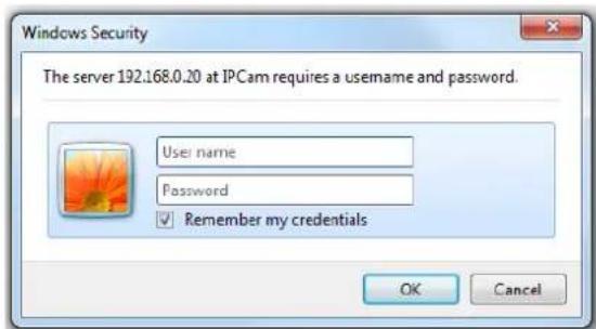 Windows Security The server 192.168.0.20 at IPCam requires a username and password. User name Password ✓ Remember my credentials OK Cancel