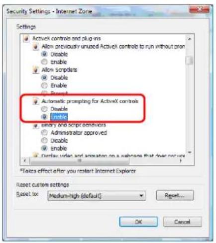Security Settings - Internet Zone Settings ActiveX controls and plugins Allow previously unused ActiveX controls to run without pron Disable Enable Allow Scriptats Disable Enable Forward Automatic prompting for ActiveX controls Disable Enable Binary and script behaviors Administrator approved Disabl…