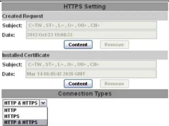 HTTPS Setting Created Request Subject: C=TW, ST=, L=, 0=, OU=, CH= Date: 2012/Oct/23 19:08:33 Content Remove Installed Certificate Subject: C=TW, ST=, L=, 0=, OU=, CH= Date: Mar 14 08:45:42 2038 GMT Content Remove Connection Types HTTP & HTTPS ✓ HTTP HTTPS HTTP & HTTPS