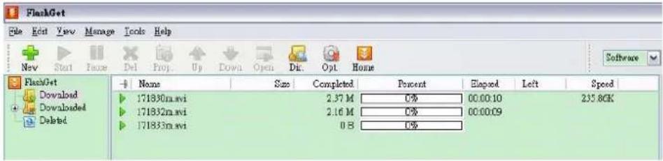 FlashGet File Edit View Manage Tools Help New Start Focus Del Prop. Up Down Open Dic. Opt. Home Software FlashGet Download Downloaded Deleted Name Size Completed Percent Elapsed Left Speed 171830m.avi 2.37 M 0% 00:00:10 235.8CK 171832m.avi 2.16 M 0% 00:00:09 171833m.avi 0 B 0%