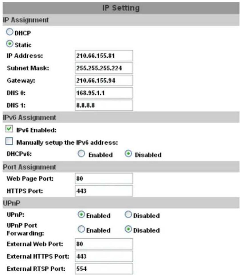 IP Setting IP Assignment DHCP Static IP Address: 210.66.155.81 Subnet Mask: 255.255.255.224 Gateway: 210.66.155.94 DHS 0: 168.95.1.1 DHS 1: 8.8.8.8 IPv6 Assignment IPv6 Enabled: Manually setup the IPv6 address: DHCPv6: Enabled Disabled Port Assignment Web Page Port: 80 HTTPS Port: 443 UPnP UPnP: Ena…