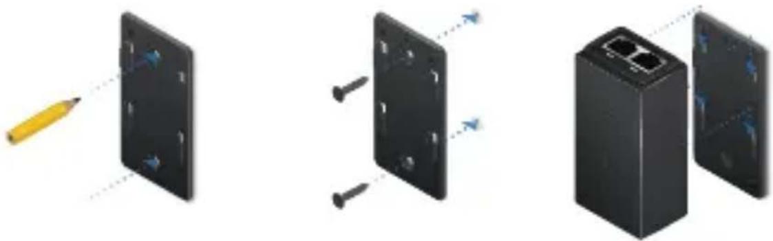 Three-step diagram showing a pencil inserting into a black electrical panel, then to form a separate black device with two ports (no text or symbols present)