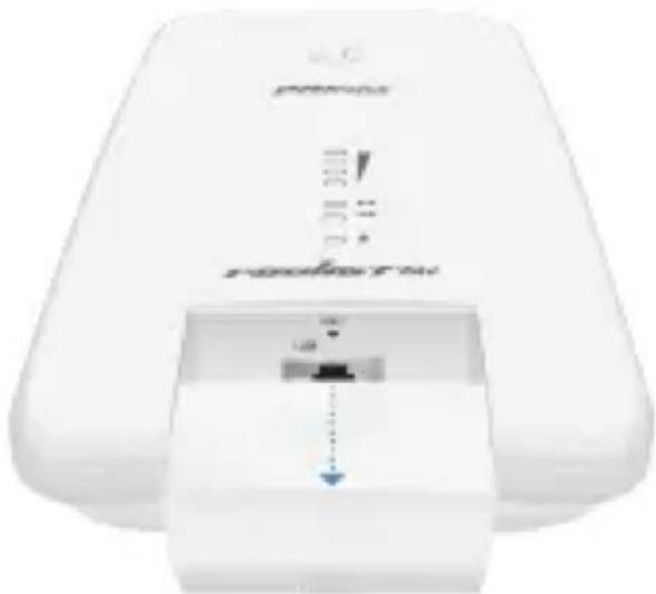White electronic device with indicator lights and a small port, no visible text or symbols on the device itself.