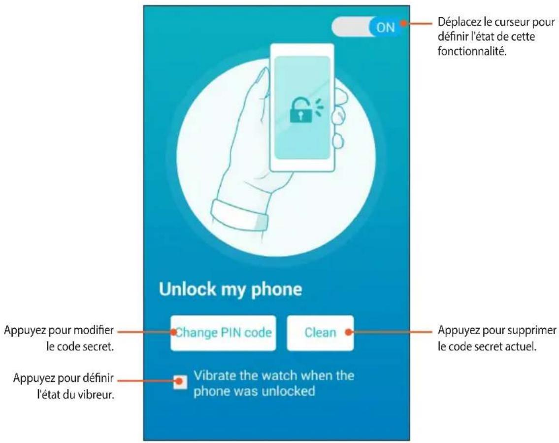 Déplacez le curseur pour définir l'état de cette fonctionnalité. ON Unlock my phone Appuyez pour modifier le code secret. Change PIN code Clean Appuyez pour supprimer le code secret actuel. Appuyez pour définir l'état du vibreur. Vibrate the watch when the phone was unlocked