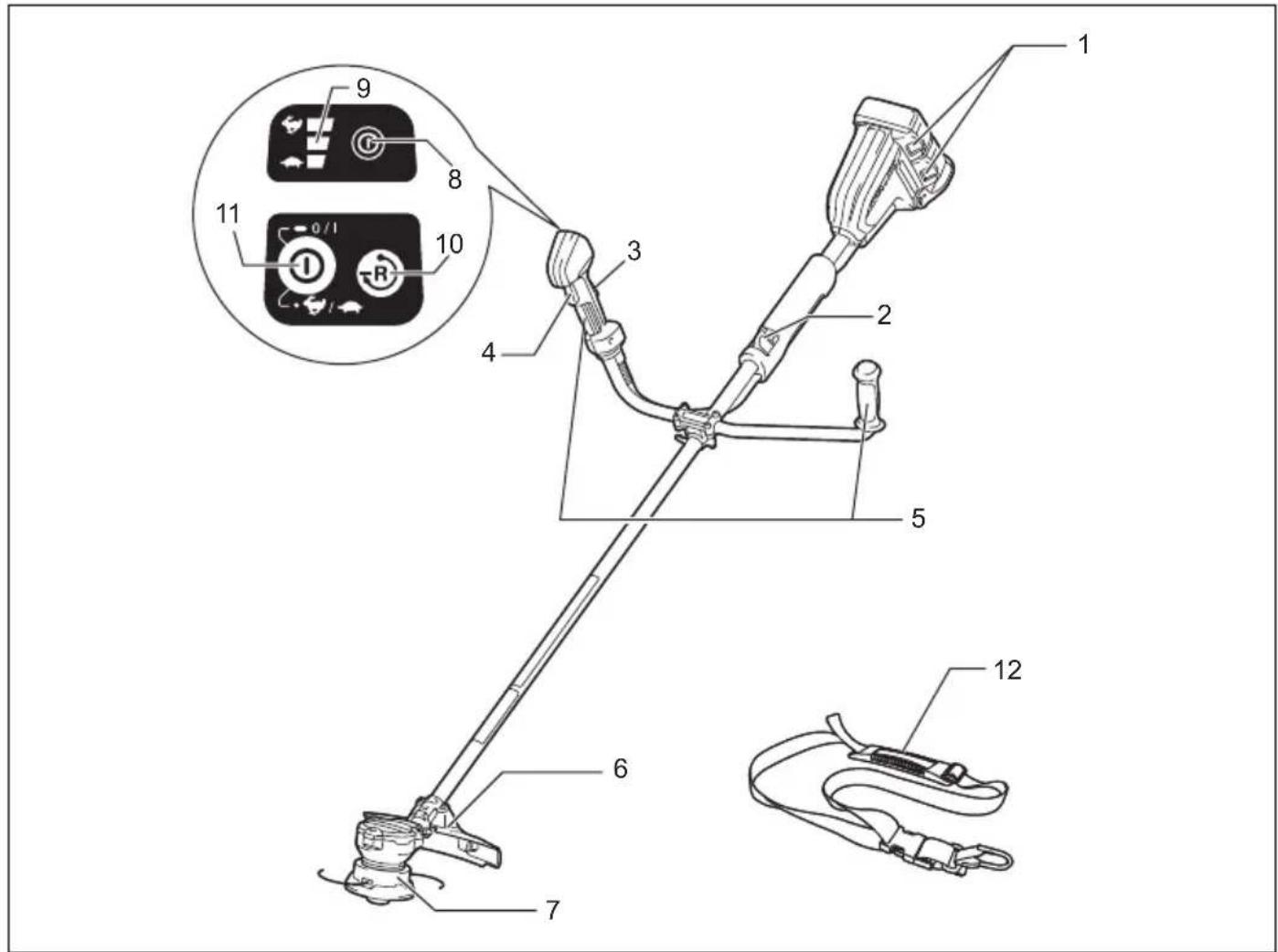 Technical diagram of a mechanical device with numbered components and labeled parts, including control buttons and a cable.