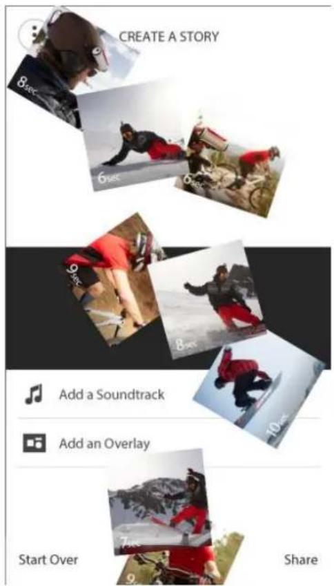 CREATE A STORY 8sec 6sec 9sec Add a Soundtrack Add an Overlay Start Over Share