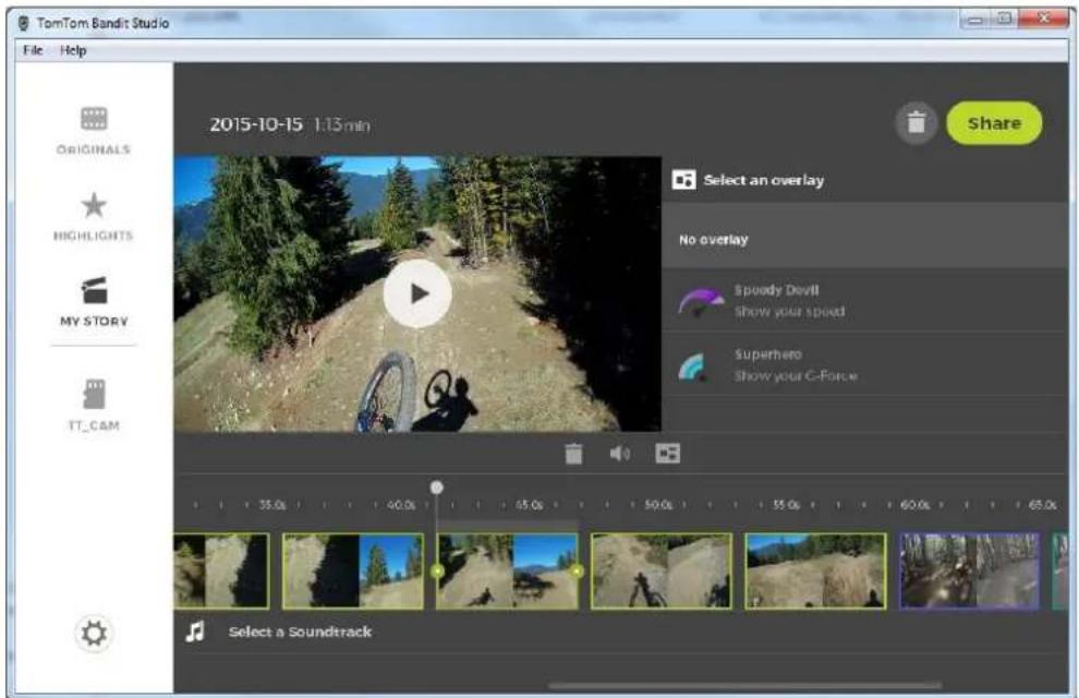 TomTom Bandit Studio File Help ORIGINALS HIGHLIGHTS MY STORY TT_CAM 2015-10-15 1:13 min Share Select an overlay No overlay SPOODY DEVII Show your speed Superhero Show your C-Force Select a Soundtrack