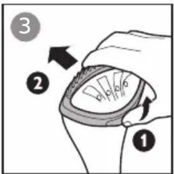 Diagram illustrating a hand holding a small object with labeled parts and directional arrows indicating movement or process.
