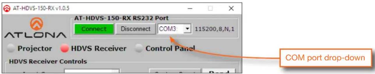 AT-HDVS-150-RX v1.0.5 AT-HDVS-150-RX RS232 Port Connect Disconnect COM3: 115200,8,N,1 Projector HDVS Receiver Control Panel HDVS Receiver Controls COM port drop-down