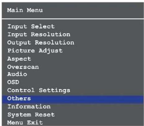 Main Menu Input Select Input Resolution Output Resolution Picture Adjust Aspect Overscan Audio OSD Control Settings Others Information System Reset Menu Exit