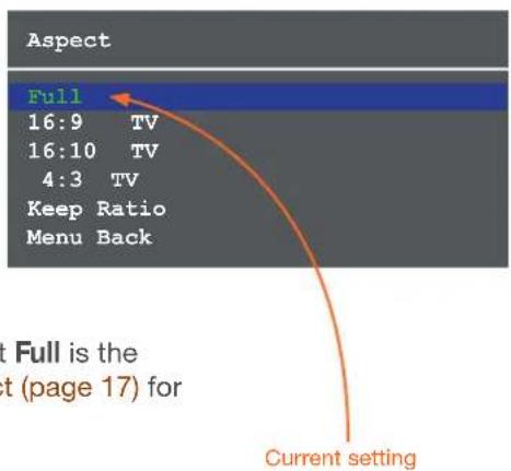 Aspect Full 16:9 TV 16:10 TV 4:3 TV Keep Ratio Menu Back Current setting