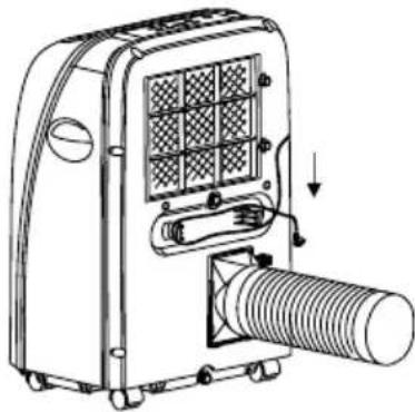 Technical line drawing of a portable air purifier with cooling unit and hose (no text or symbols).