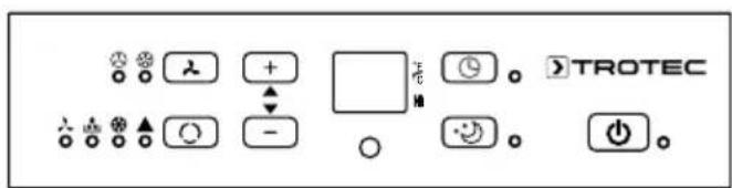 Control panel interface with symbols and labels including TROTEC, plus/minus signs, minus sign, and function icons