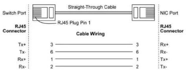 Switch Port RJ45 Connector Straight-Through Cable RJ45 Plug Pin 1 Cable Wiring NJIC Port RJ45 Connector Tx+ 3———————3 Tx- 6———————6 Rx+ 1———————1 Rx- 2———————2 Rx+ Rx- Tx+ Tx-