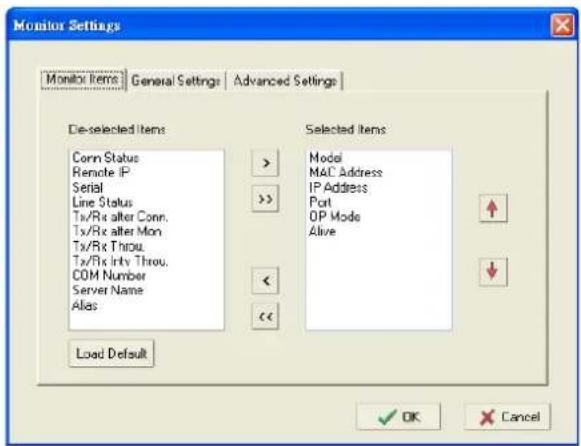 Monitor Settings Monitor Items General Settings Advanced Settings De-selected Items Conn Status Remote IP Serial Line Status Tx/Rx after Conn. Tx/Rx after Mon Tx/Rx Throw Tx/Rx Inty Throu. COM Number Server Name Alias Load Default Selected Items Model M&C Address IP Address Port OP Mode Alive OK Cancel