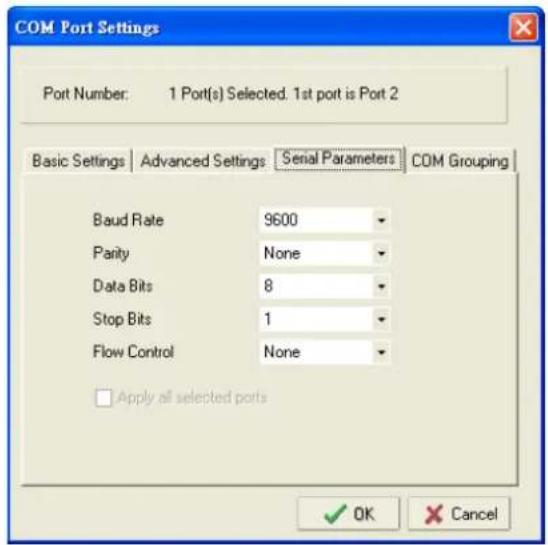 COM Port Settings Port Number: 1 Port(s) Selected. 1st port is Port 2 Basic Settings | Advanced Settings: Serial Parameters | COM Grouping | Baud Rate 9600 Parity None Data Bits 8 Stop Bits 1 Flow Control None Apply all selected ports OK Cancel