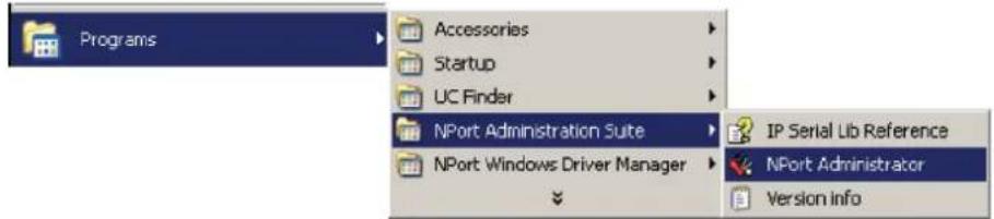 Programs Accessories Startup UC Finder NPort Administration Suite NPort Windows Driver Manager IP Serial Lib Reference NPort Administrator Version info