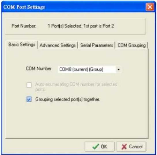 COM Port Settings Port Number: 1 Port(s) Selected. 1st port is Port 2 Basic Settings | Advanced Settings | Serial Parameters | COM Grouping | COM Number COM8 (current) (Group) Auto enumerating COM number for selected ports. Grouping selected port(s) together. OK Cancel