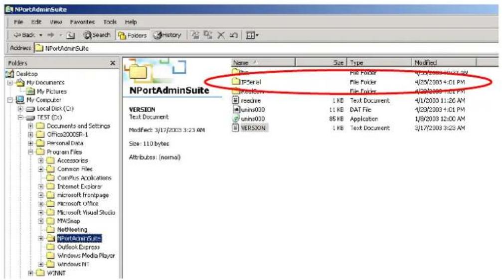 NPortAdminSuite File Edit View Favorites Tools Help Back Search Folders History Address NPortAdminSuite Folders Desktop My Documents My Pictures My Computer Local Disk (Cr) TEST (C:) Documents and Settings Offices2000SR-1 Personal Data Program Files Accessories Common Files ConPlus Applications Internet Explorer Microsoft Frontpage Microsoft Office Microsoft Visual Studio MX/Snap NetMeeting NPortAdminSuite Outlook Express Windows Media Player Windows NT WINNT Name Size Type Modified File File Folder 4/3/2003 18:57 AM TFSerel File Folder 4/28/2003 4:01 PM ReadCom File Folder 4/28/2003 4:01 PM readie 1 KB Text Document 4/1/2003 11:26 AM unins000 11 KB DAT File 4/23/2003 4:01 PM unins000 85 KB Application 1/9/2003 12:00 AM VERSION 1 KB Text Document 3/17/2003 3:23 AM Size: 110 bytes Attributes: (normal)