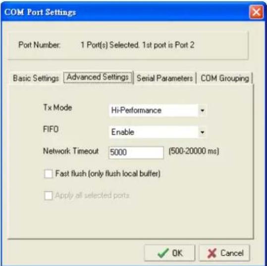 COM Port Settings Port Number: 1 Port(s) Selected. 1st port is Port 2 Basic Settings Advanced Settings Serial Parameters COM Grouping Tx Mode Hi-Performance FIFO Enable Network Timeout 5000 (500-20000 ms) Fast flush (only flush local buffer) Apply all selected ports OK Cancel