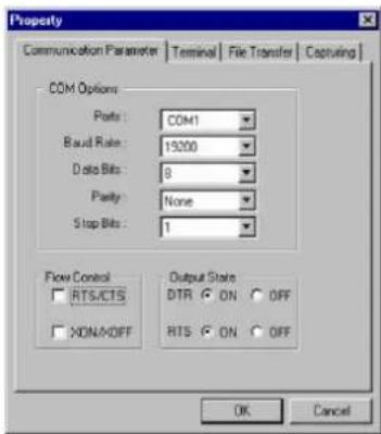 Property Communication Parameter | Terminal | File Transfer | Capturing | COM Options Ports : COM1 Baud Rate : 15200 Data Bits : 8 Parity : None Stop Bits : 1 Flow Control RTS/CTS Output Status DTR ON OFF NON/AFF RTS ON OFF OK Cancel