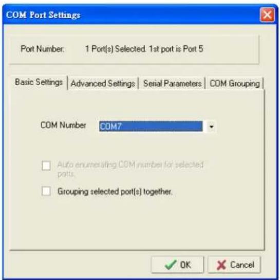COM Port Settings Port Number: 1 Port(s) Selected. 1st port is Port 5 Basic Settings | Advanced Settings | Serial Parameters | COM Grouping | COM Number COM7 Auto enumerating COM number for selected ports. Grouping selected port(s) together. OK Cancel