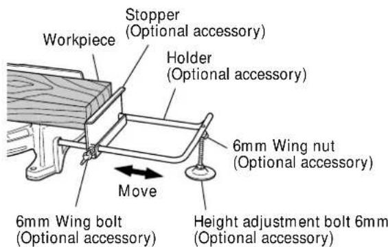 Workpiece Stopper (Optional accessory) Holder (Optional accessory) 6mm Wing nut (Optional accessory) Move 6mm Wing bolt (Optional accessory) Height adjustment bolt 6mm (Optional accessory)