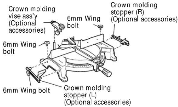 Crown molding vise ass'y (Optional accessories) 6mm Wing bolt 6mm Wing bolt 6mm Wing bolt 6mm Wing bolt 6mm Wing bolt 6mm Wing bolt Crown molding stopper (R) (Optional accessories)