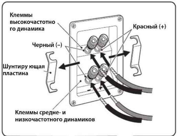 Клеммы высокочастотно го динамика Черный (–) Шунтиру ющая пластина Клеммы средне- и низкочастотного динамиков Красный (+)