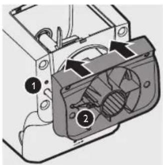Technical diagram of an electric fan assembly with numbered components and directional arrows indicating airflow or movement.